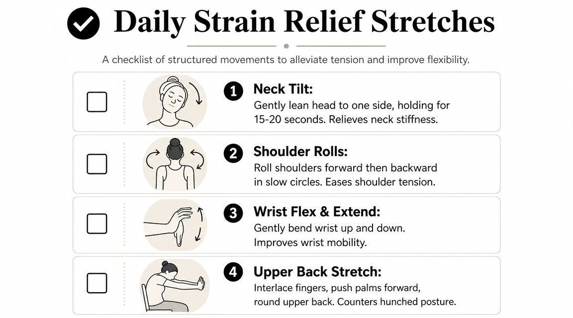 An instructional checklist of four simple stretches to relieve daily tension and improve physical flexibility.