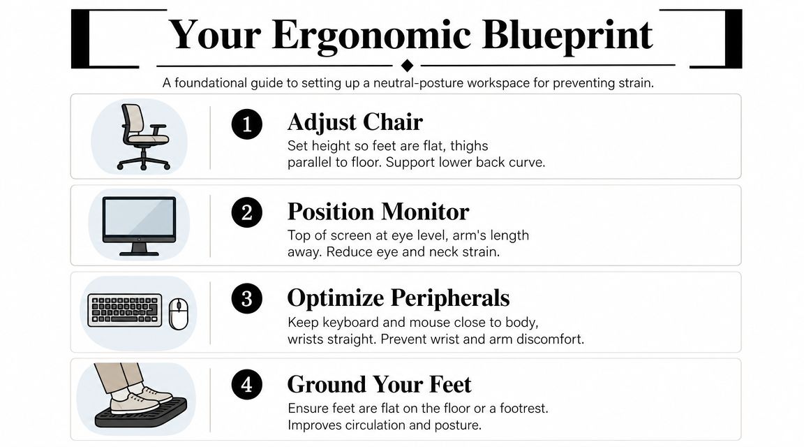 An infographic titled Your Ergonomic Blueprint providing four tips for setting up a healthy, strain-free office workstation.