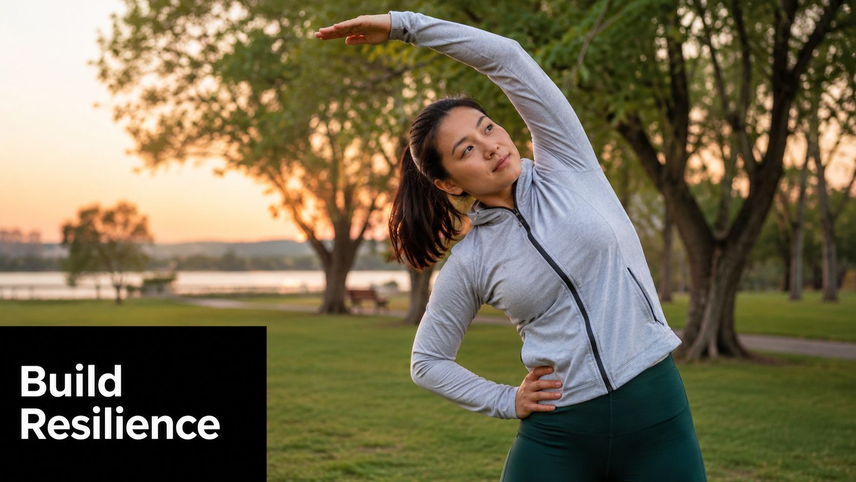 An Asian woman in athletic wear stretching her side in a park during a golden sunset.