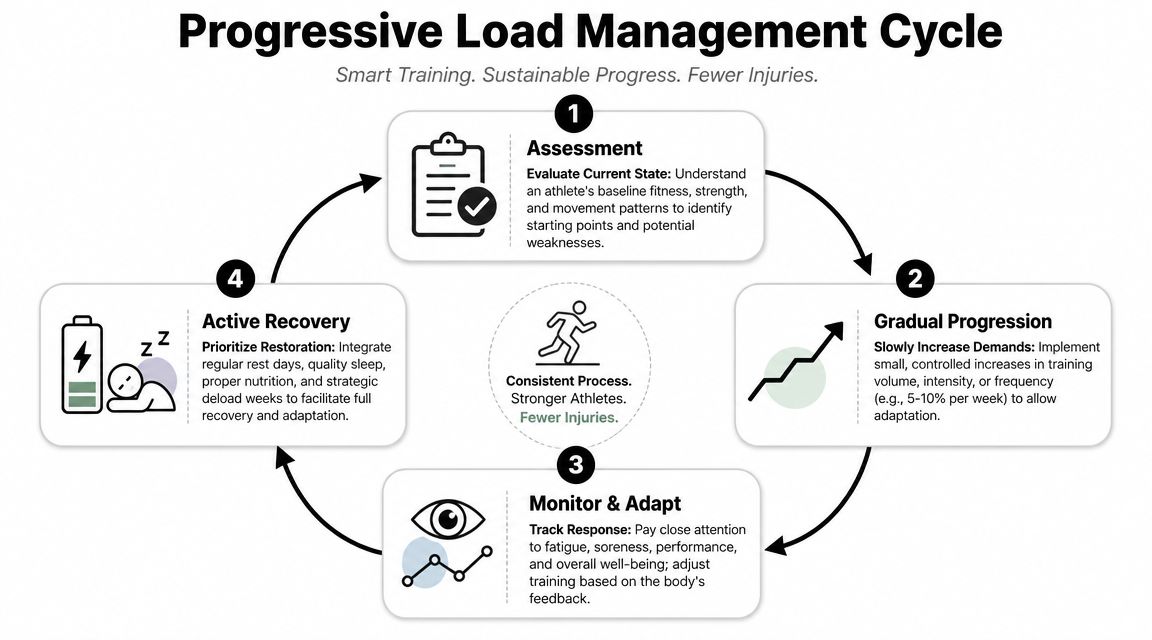 A diagram illustrating the four steps of a progressive load management cycle for athletes to prevent injuries.