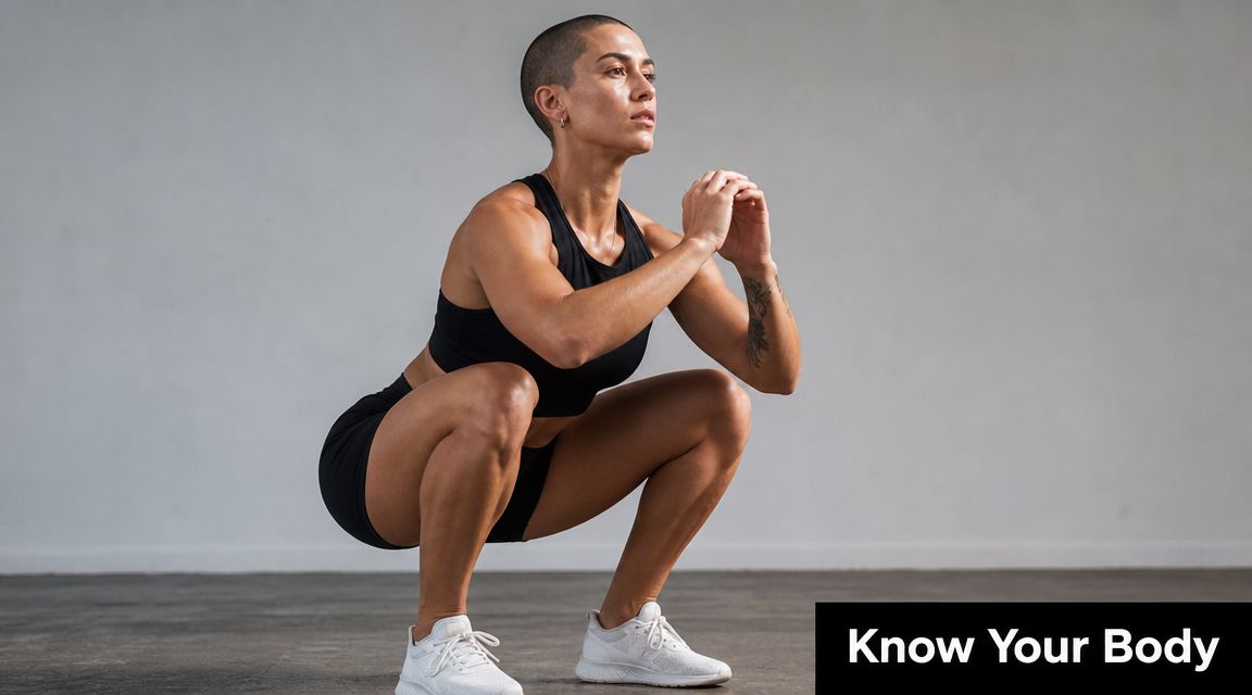 A fit woman with a shaved head performing a deep squat exercise in a studio setting.