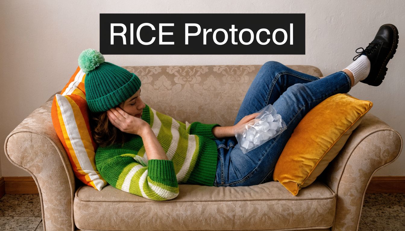 A young woman wearing a green beanie resting on a couch while applying an ice pack.