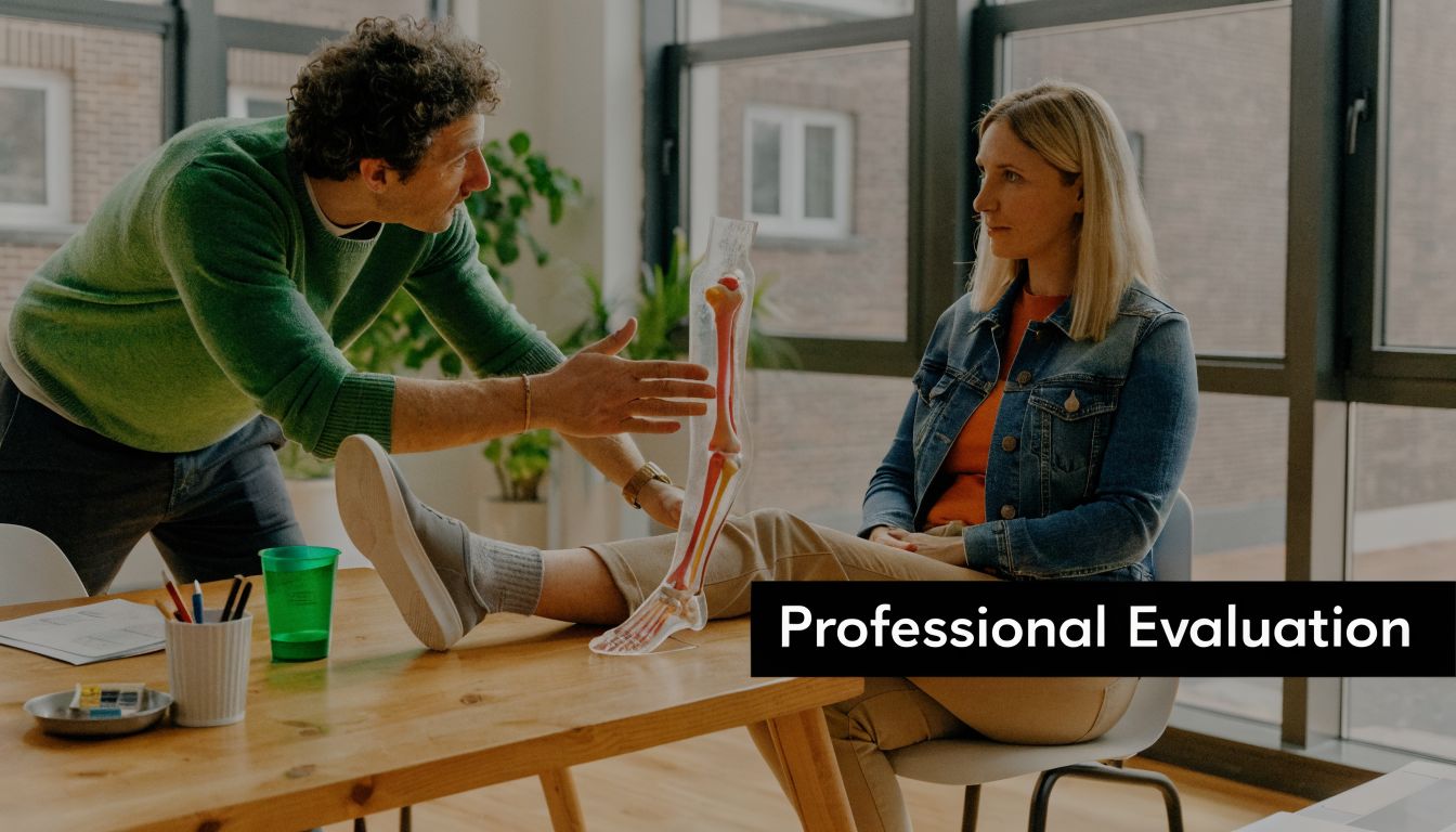 A professional physical therapist explains a leg injury using a transparent anatomical skeleton model to a patient.
