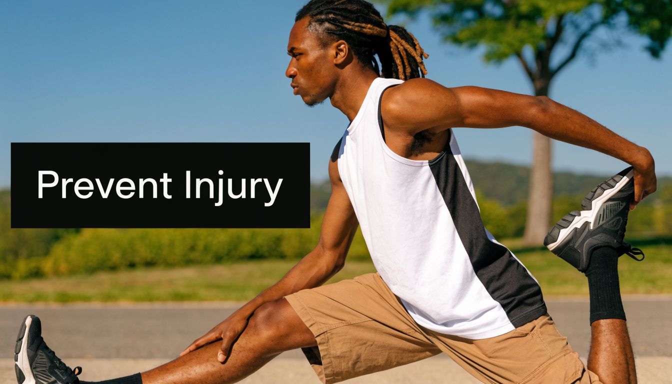A fit man performs a leg stretch outdoors to prevent injury during his exercise workout routine.