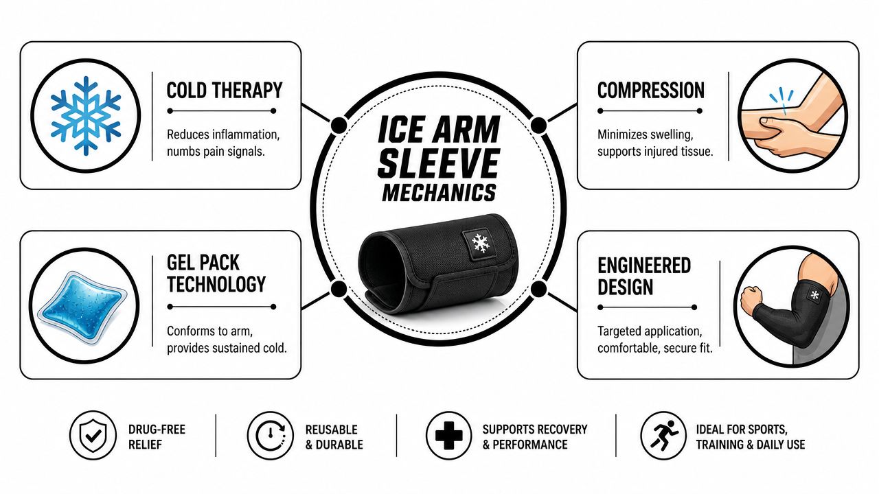 An infographic detailing the benefits of an ice arm sleeve, including cold therapy, compression, and design features.