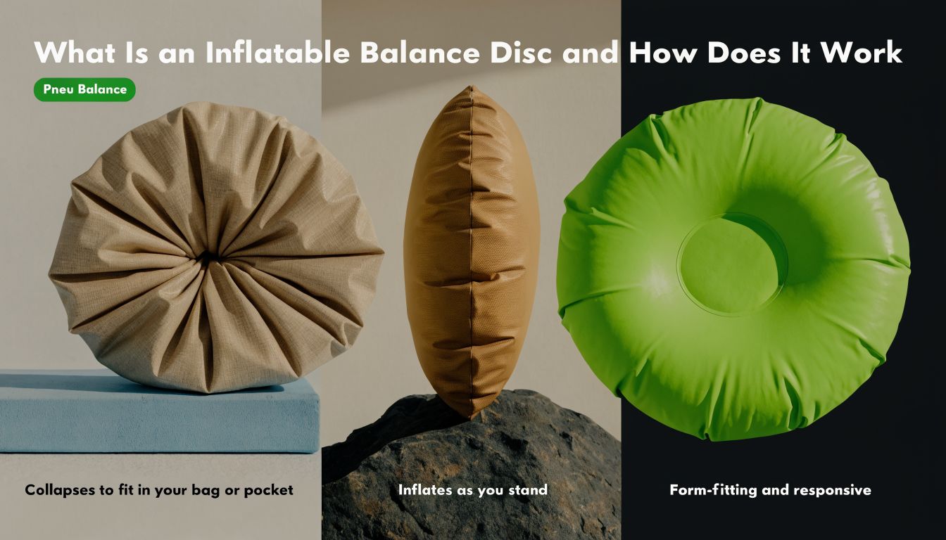Three views of a Pneu Balance inflatable disc showing it collapsing, inflating, and its responsive form.