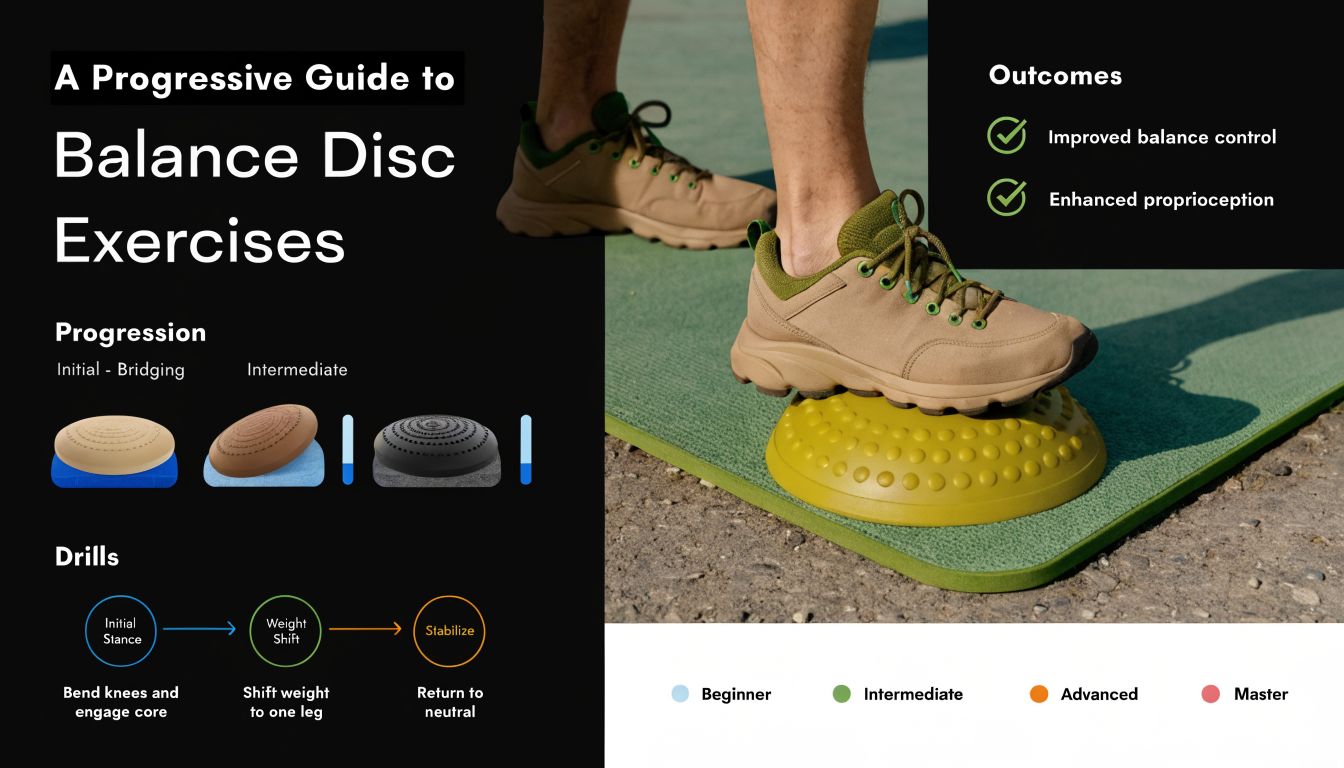 A progressive guide to balance disc exercises illustrating levels of difficulty, step-by-step drills, and fitness outcomes.