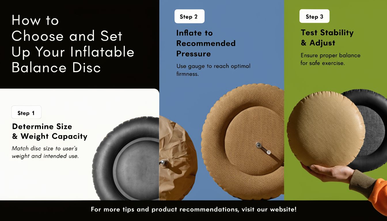 A three-step instructional guide on how to choose, inflate, and test an inflatable balance disc for exercise.