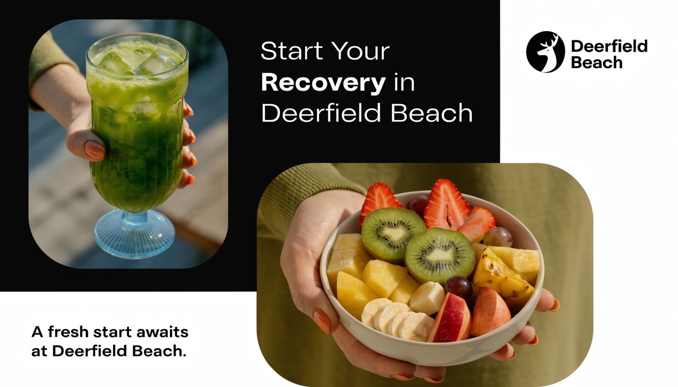 A person holding a green drink and a bowl of fresh fruit, symbolizing recovery and wellness.