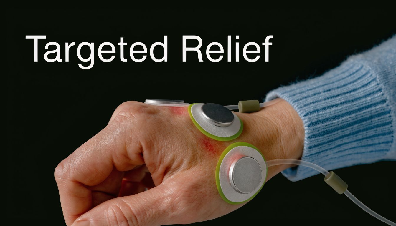 A close-up view of a person's hand with medical iontophoresis electrodes attached for physical therapy pain relief.