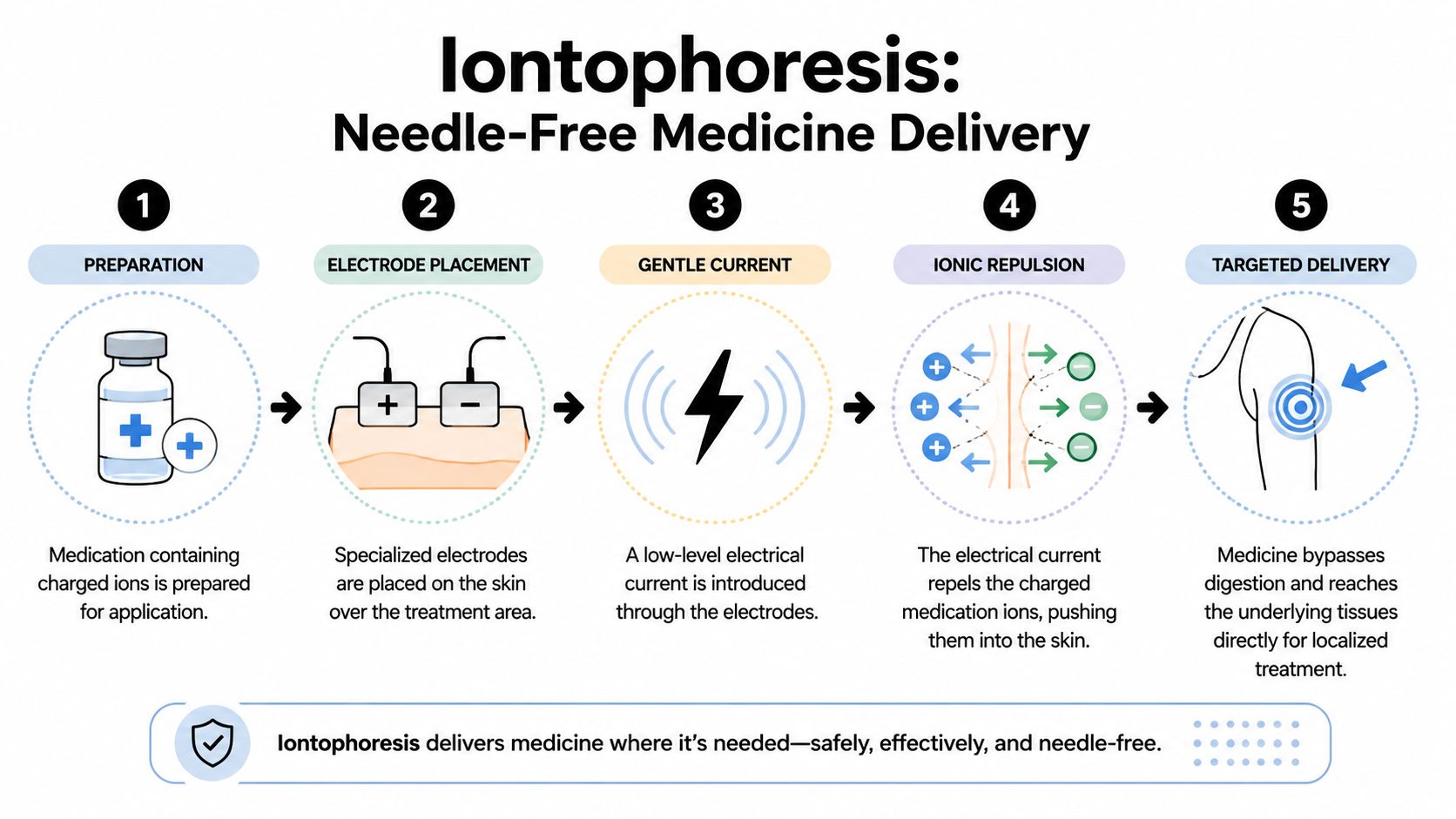 An infographic showing the five-step process of iontophoresis as a needle-free method for targeted medicine delivery.