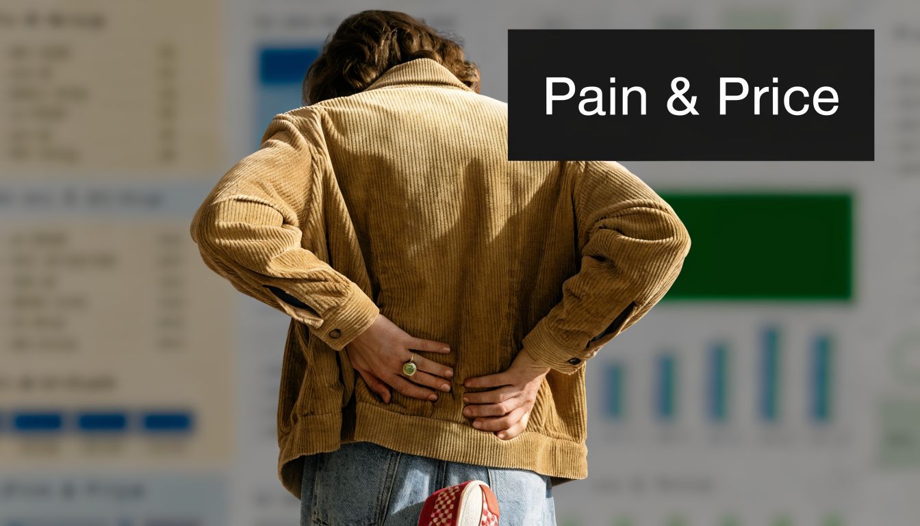 A person wearing a corduroy jacket stands with their hands on their lower back in apparent pain.