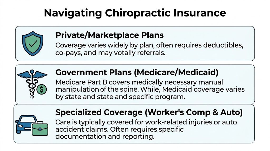 A graphic explaining that chiropractic insurance coverage varies across private, government, and specialized plans like auto insurance.