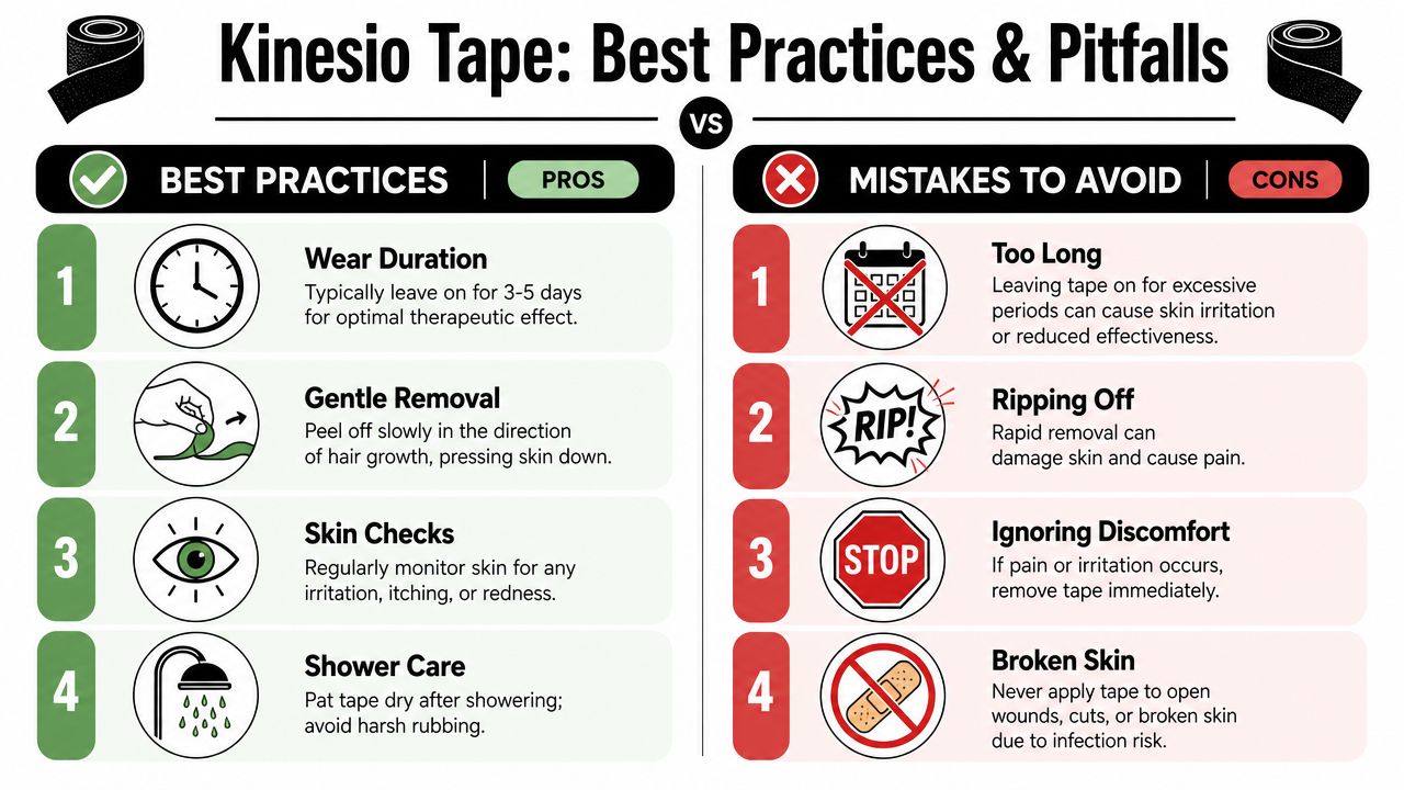 An infographic comparing best practices for using kinesio tape versus common mistakes to avoid during application.