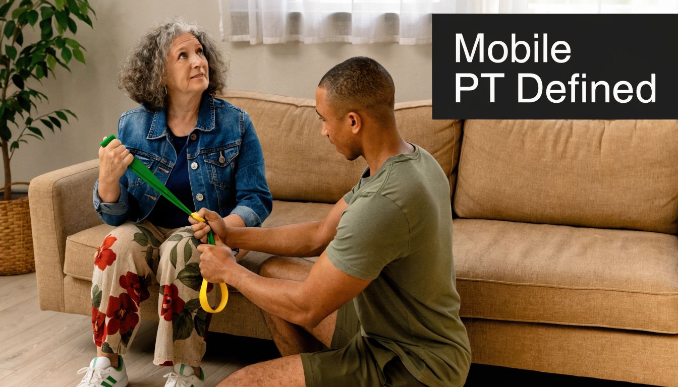 A physical therapist assists an older woman with an exercise using a resistance band in her living room.