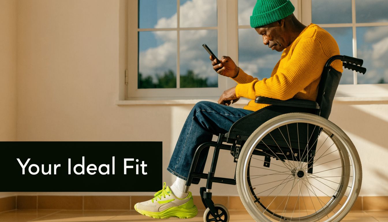 An elderly man in a wheelchair wearing a beanie and yellow sweater using his mobile phone.
