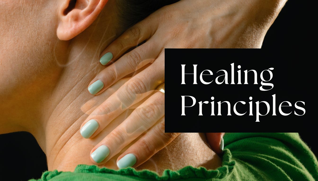 A close-up shot of a person gently massaging their neck, highlighting healing and wellness principles.
