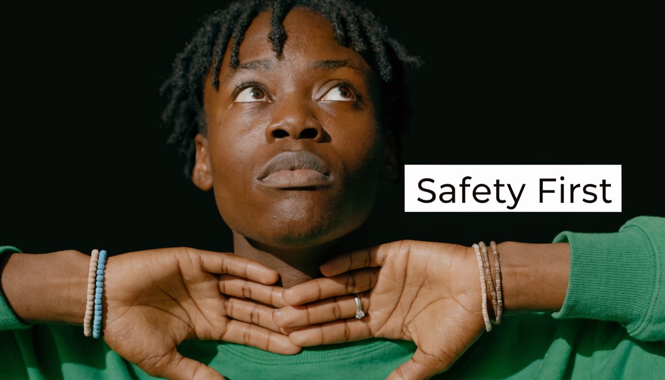 A person wearing a green sweater touches their neck with both hands, accompanied by the text Safety First.