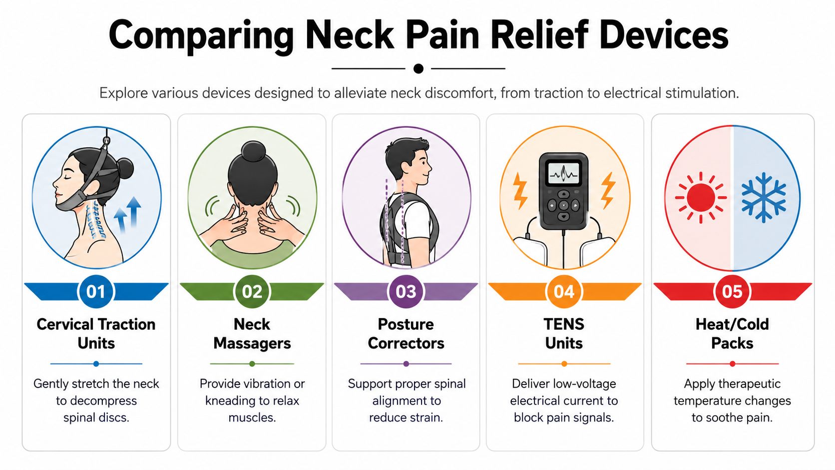 An infographic comparing five different devices used to provide relief from neck pain and discomfort.