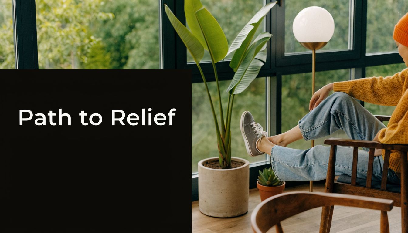 A person relaxing in a chair wearing casual clothes near a large window and houseplant.
