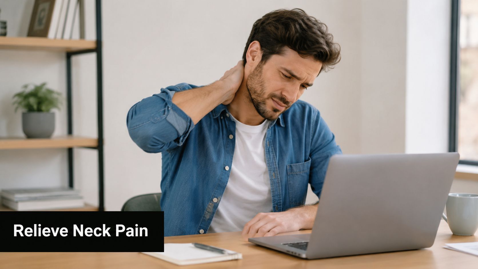 A young man sitting at a desk with a laptop feeling discomfort and touching his painful neck.