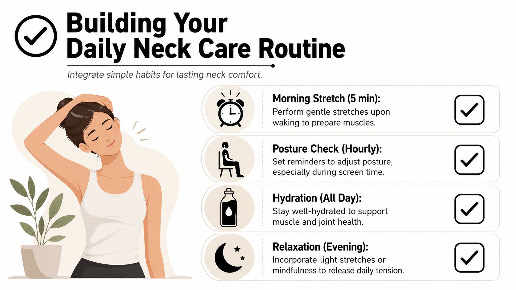 A checklist infographic illustrating daily habits for neck care and comfort, including stretching, posture, and hydration.
