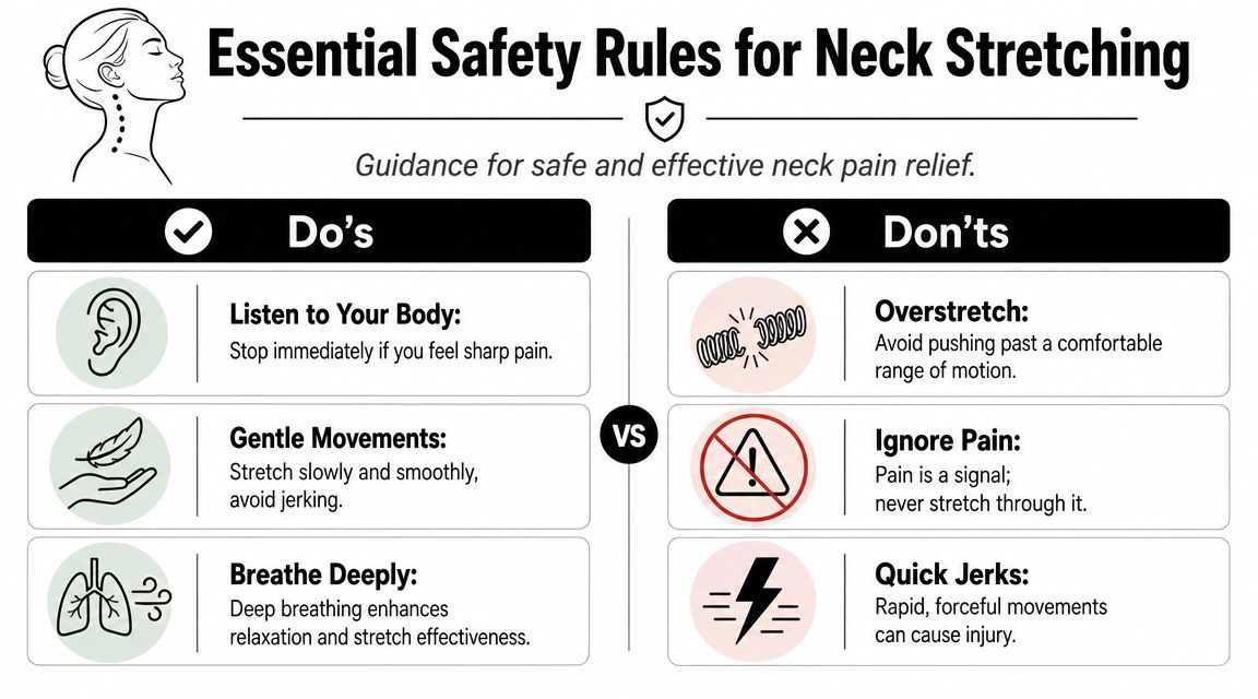 A safety infographic detailing proper do's and don'ts for performing effective and safe neck stretches.