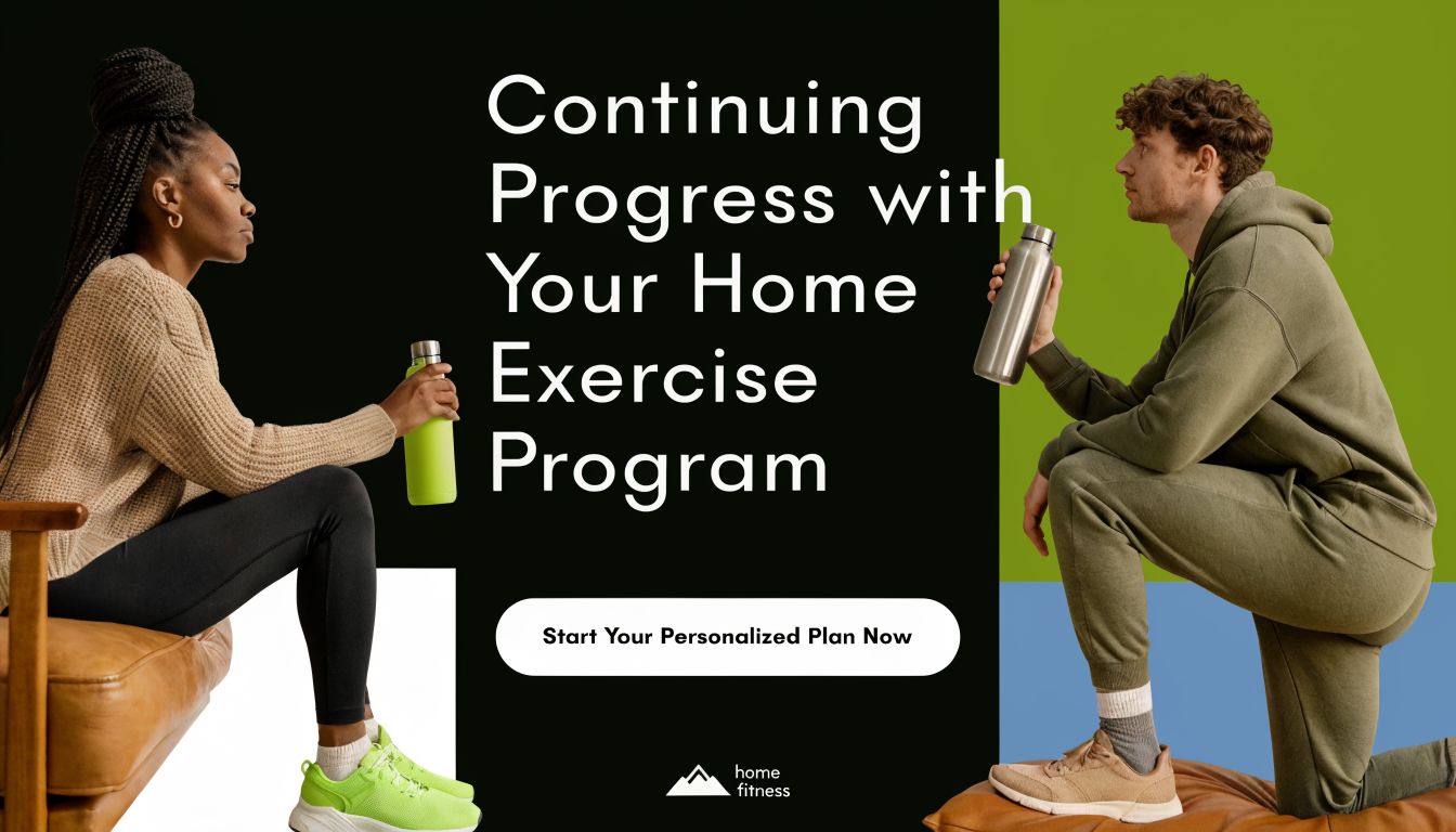 A man and woman in athletic wear holding water bottles, promoting a personalized home fitness exercise program.