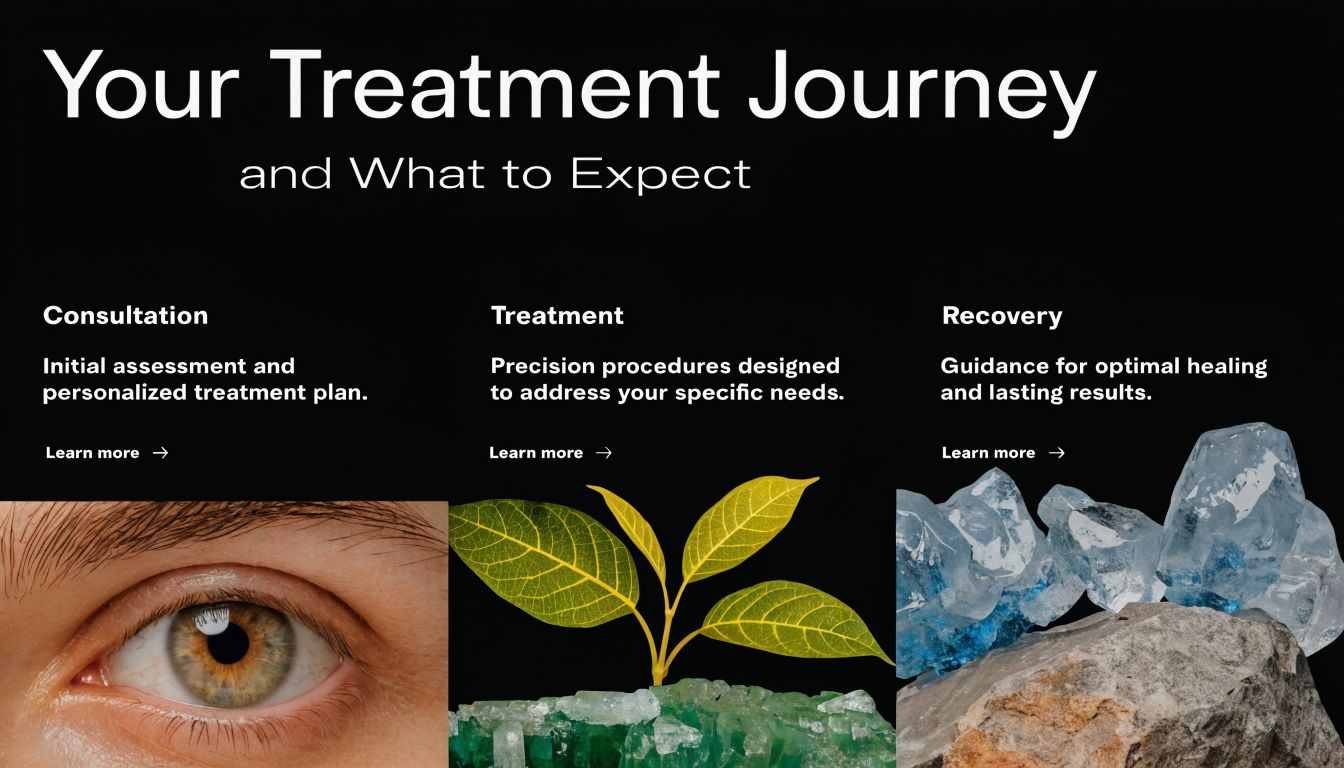 A graphic showing the treatment journey in three stages: consultation, treatment, and recovery with symbolic imagery.