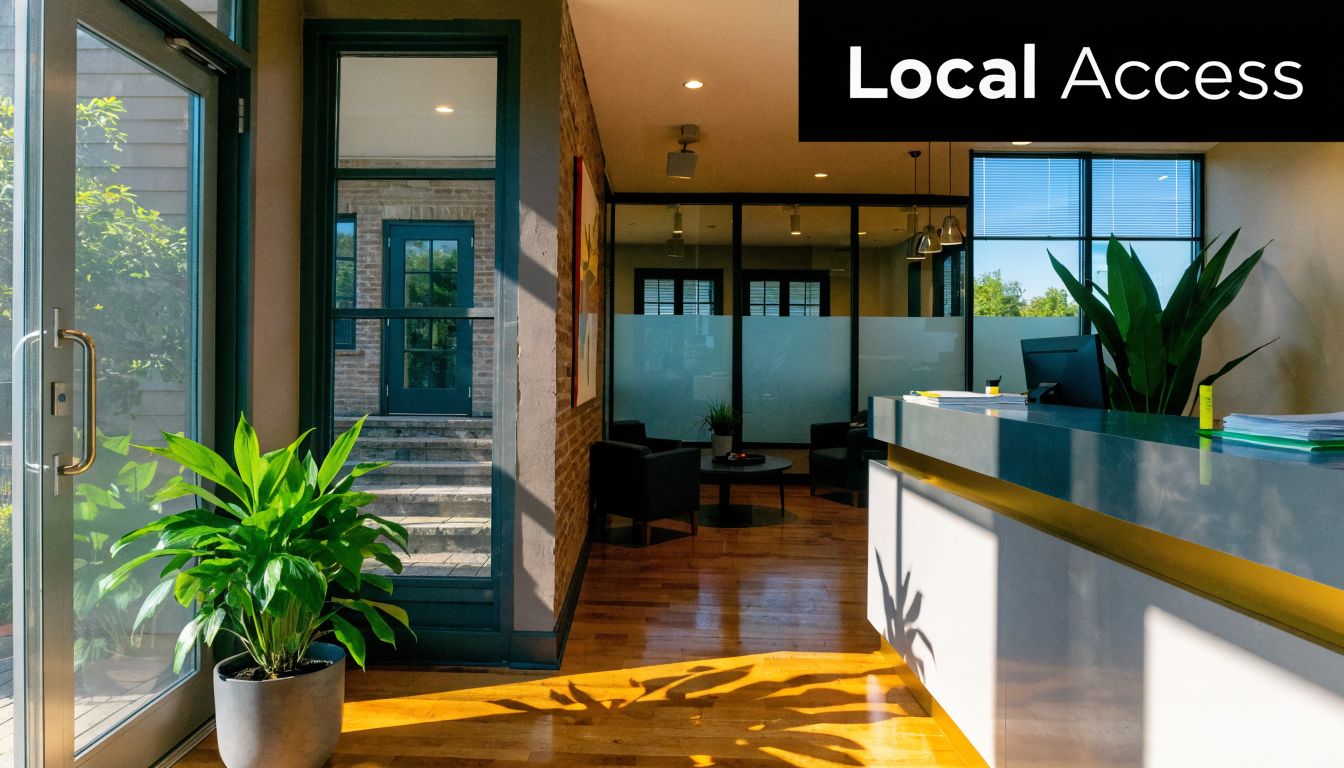 A bright, modern office reception area featuring a front desk, glass partitions, and lush potted greenery.
