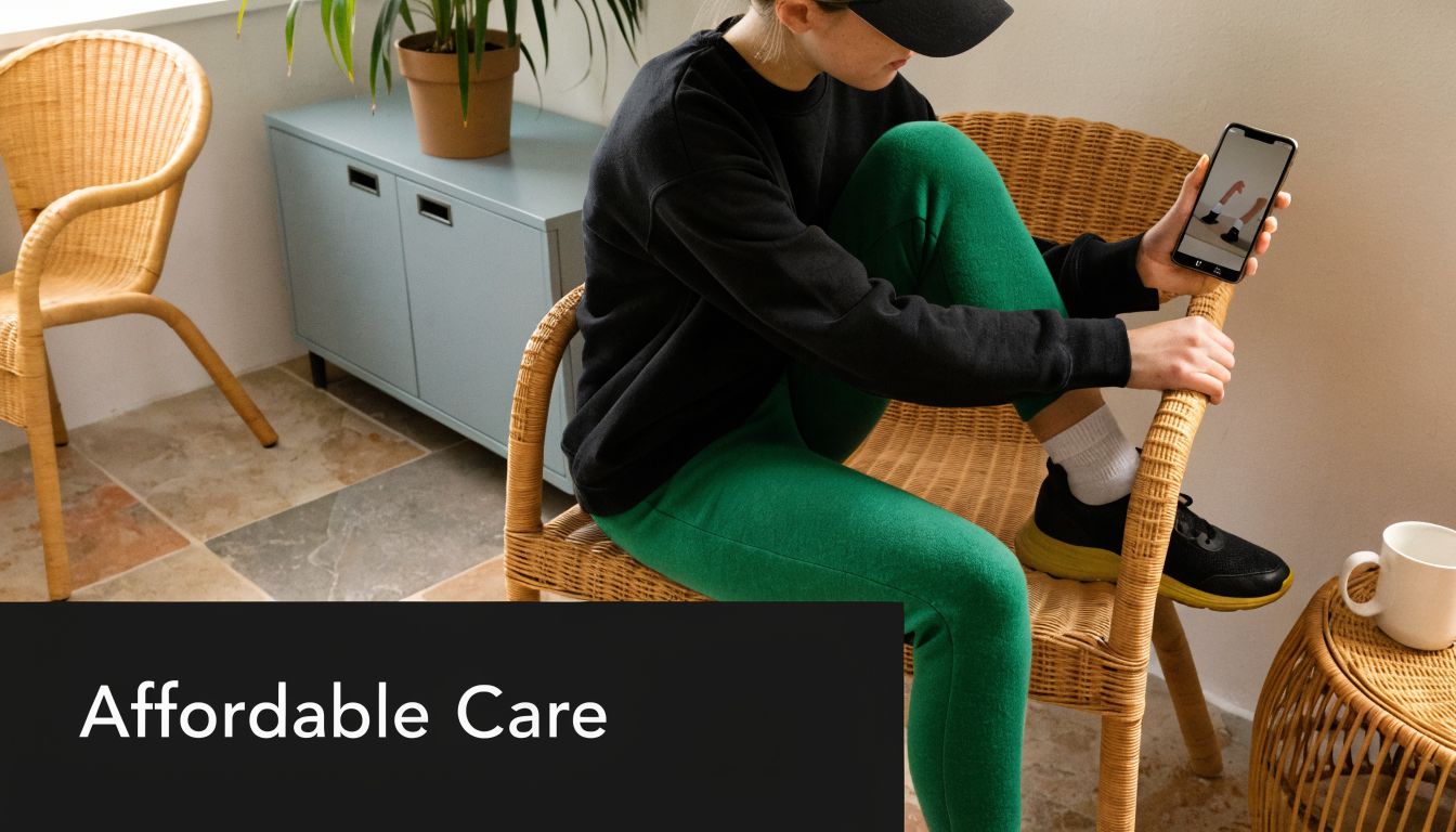 A person wearing a black sweatshirt and green sweatpants sitting on a wicker chair checking their phone.