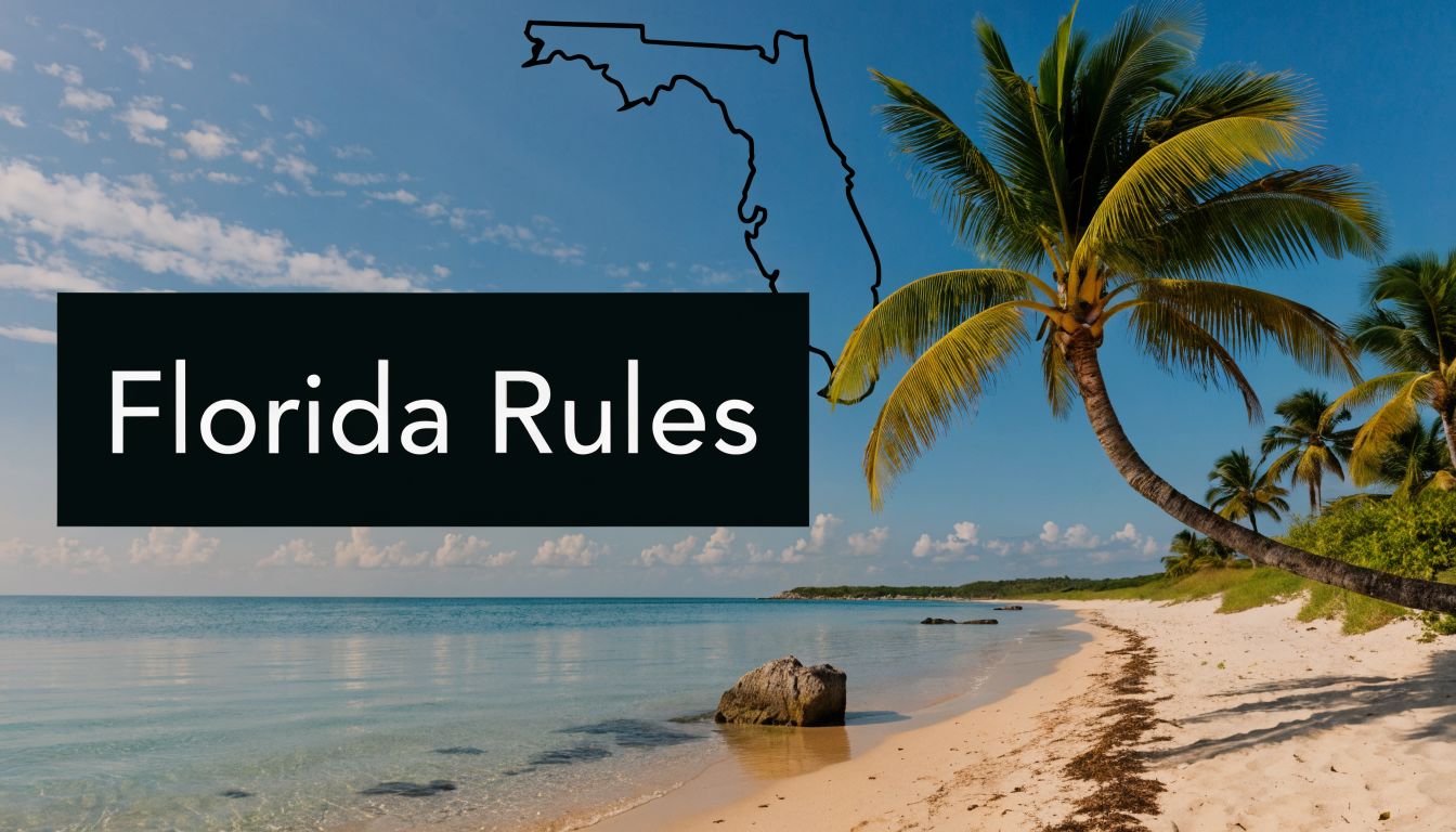 A serene Florida beach with palm trees and a map outline featuring the words Florida Rules.