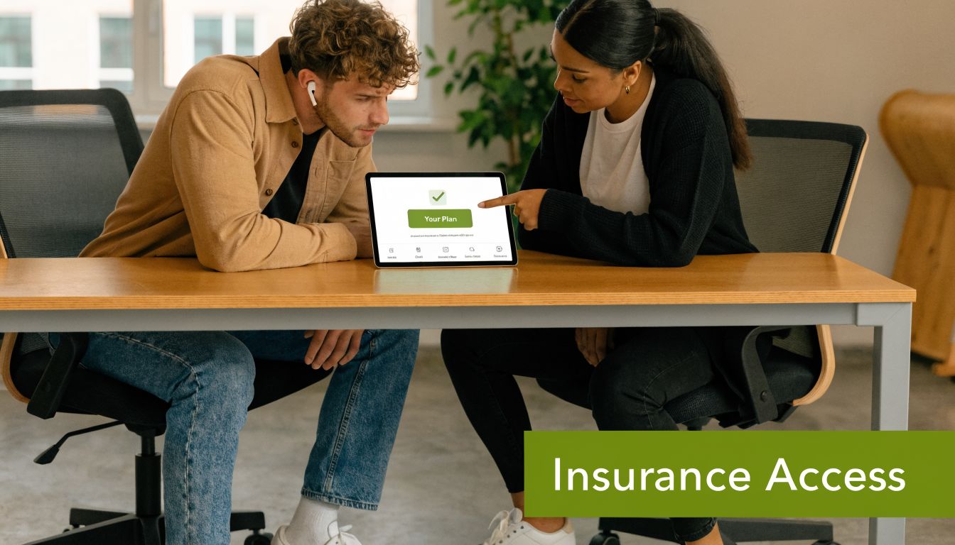 A man and a woman in an office reviewing an insurance plan on a digital tablet together.