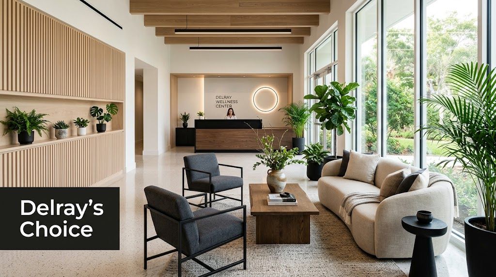 A modern and bright waiting room of a wellness center featuring comfortable furniture and indoor plants.