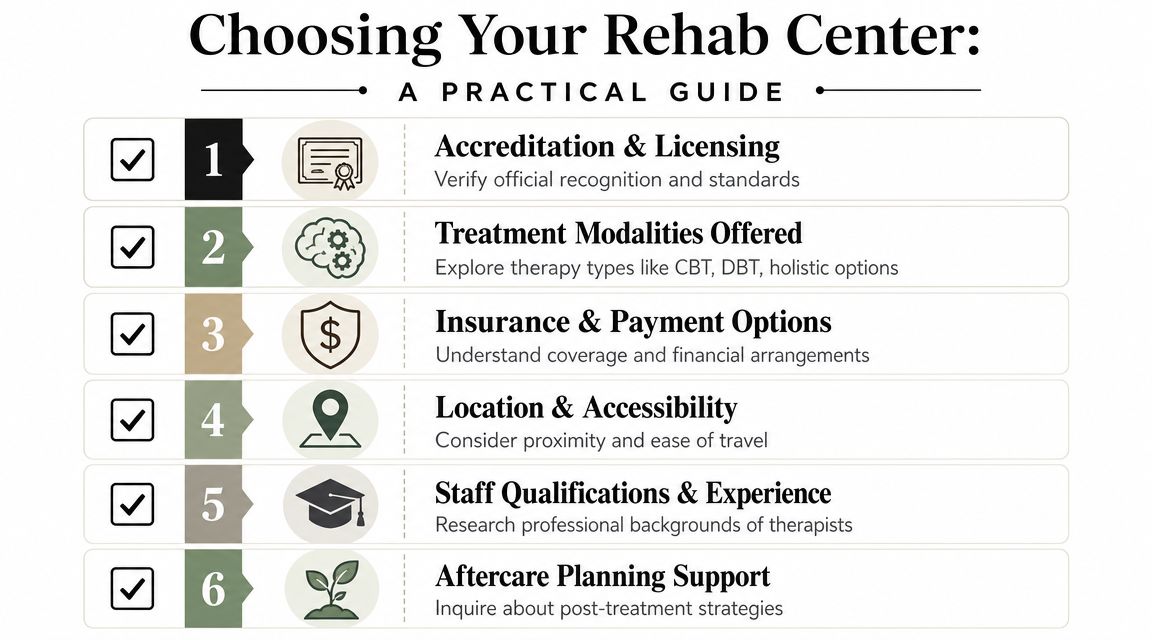 A checklist infographic titled Choosing Your Rehab Center with six steps for selecting a treatment facility.