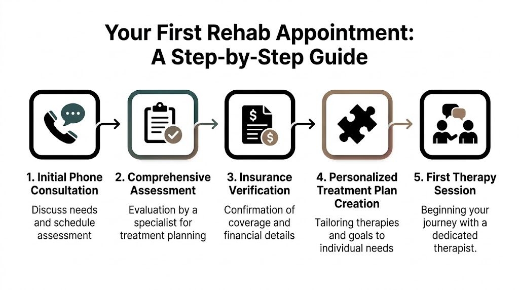 A five-step guide illustration showing the process of booking and starting a first rehabilitation therapy appointment.