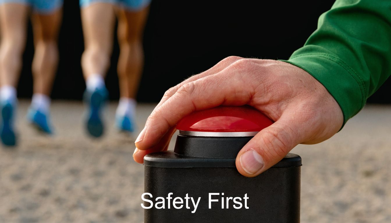 A person in a green sleeve pressing a red emergency button with runners visible in the background.