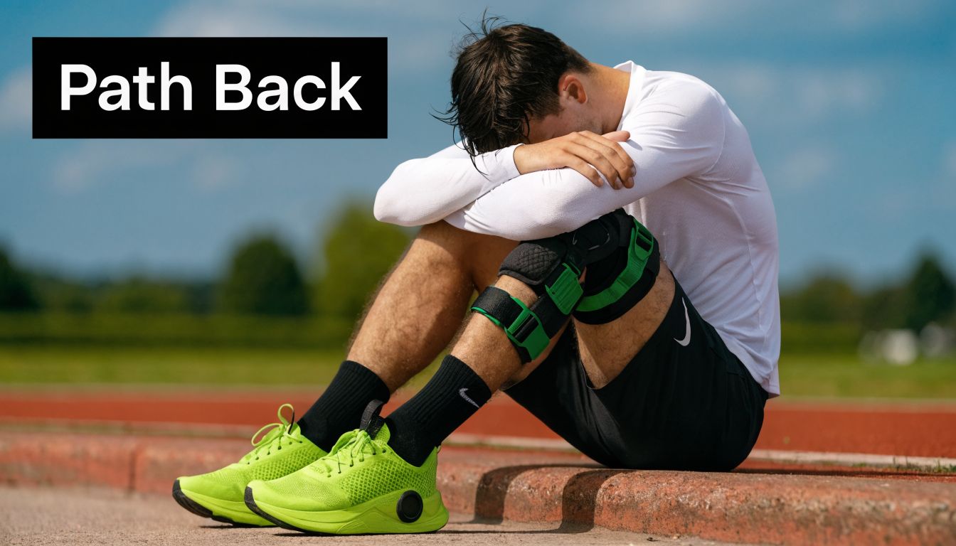 A distressed athlete sitting on a track wearing a knee brace after experiencing a sports injury.