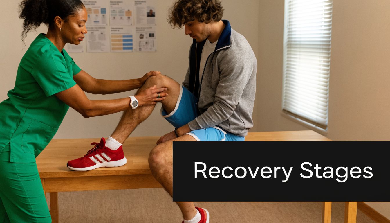 A physical therapist examines a male patient's injured knee during a rehabilitation session in a clinic.