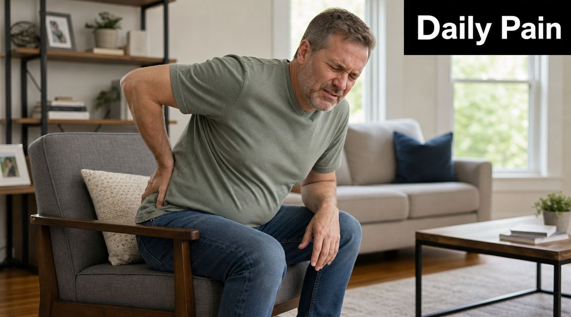 A middle-aged man sitting in a gray armchair while holding his lower back in physical pain.