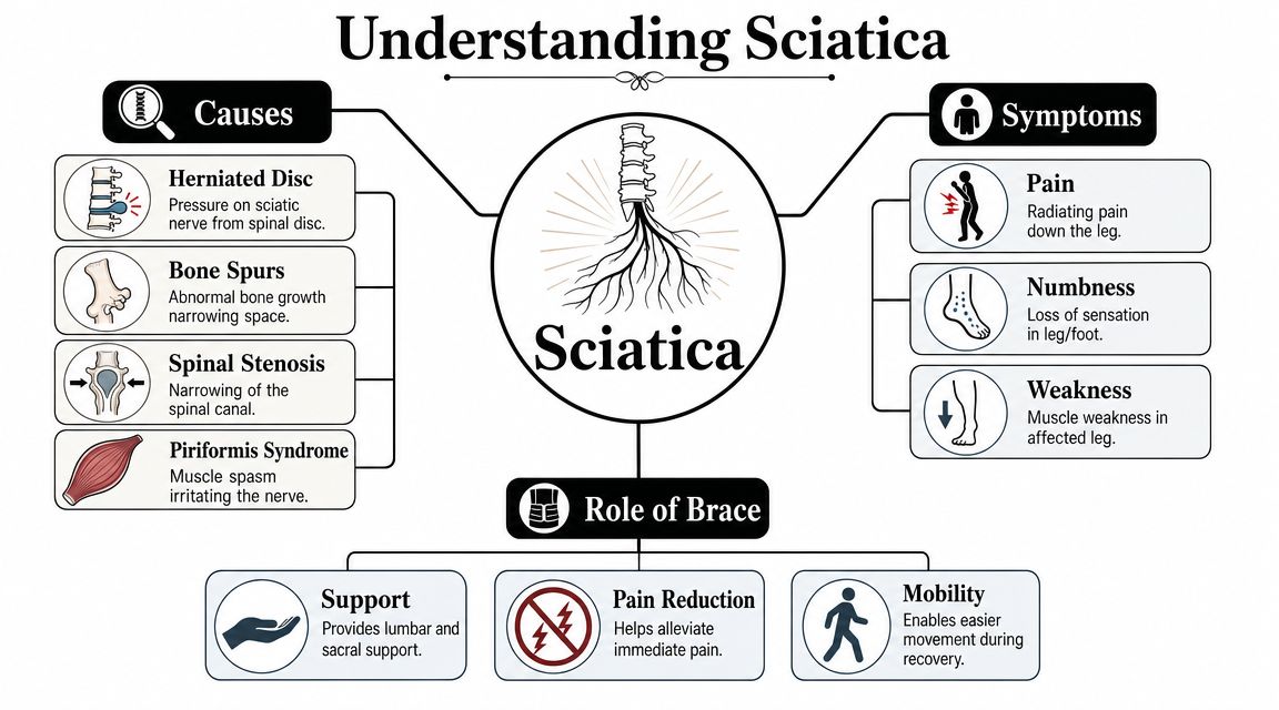 An infographic titled Understanding Sciatica detailing its causes, symptoms, and the therapeutic role of back braces.