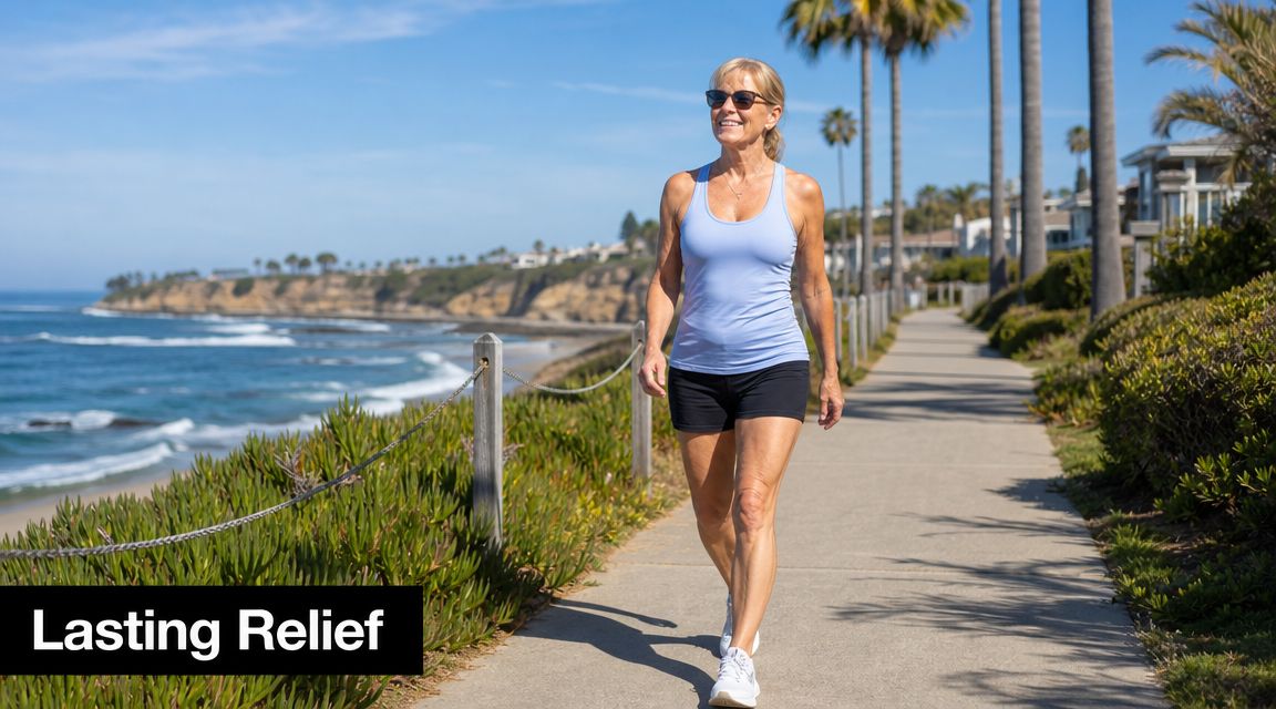 An active senior woman walking confidently along a sunny coastal path, promoting physical wellness and mobility.