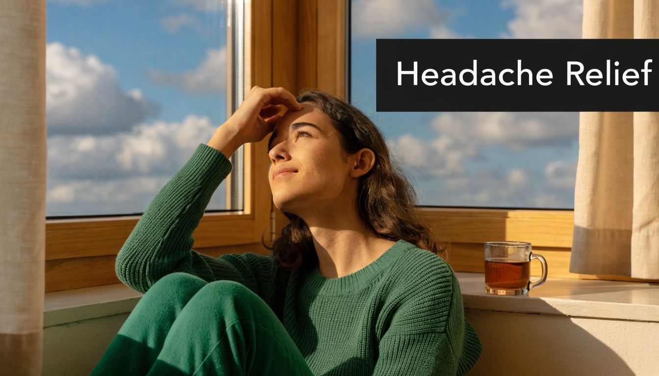 A woman wearing a green sweater sits by a window holding her head for headache relief.