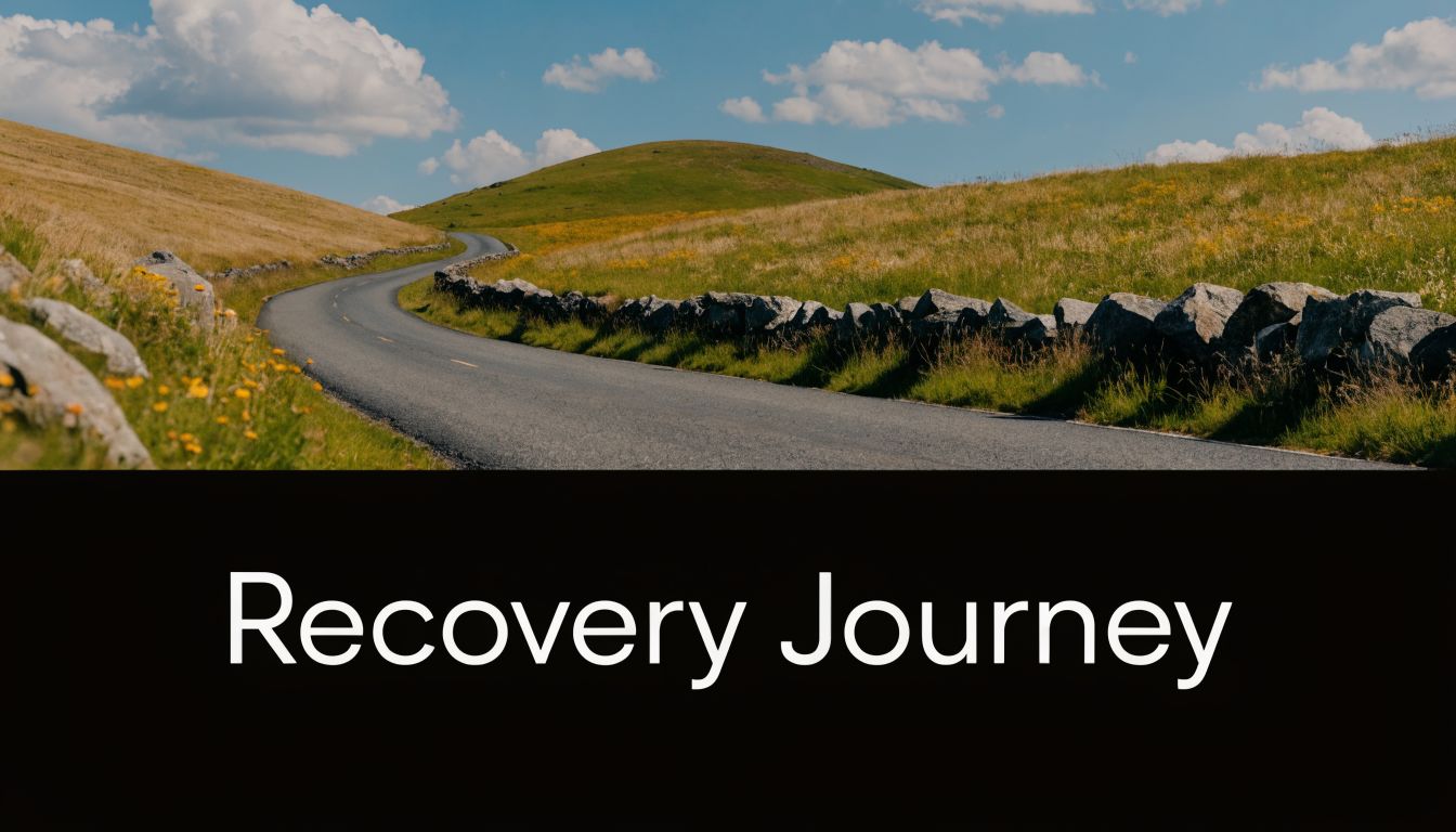 A scenic winding road through green hills under a bright blue sky symbolizing a recovery journey