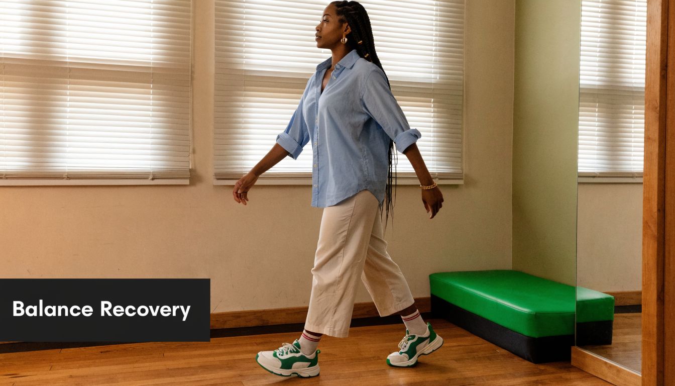 A woman walks across a room in a physical therapy session focused on balance recovery and movement.