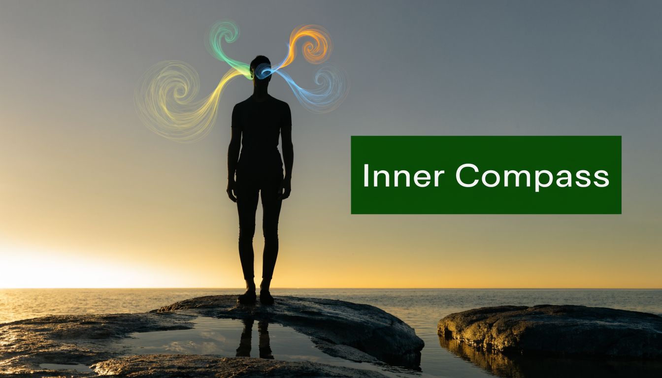 A silhouette of a person standing on a rock with colorful swirls emanating from their head.