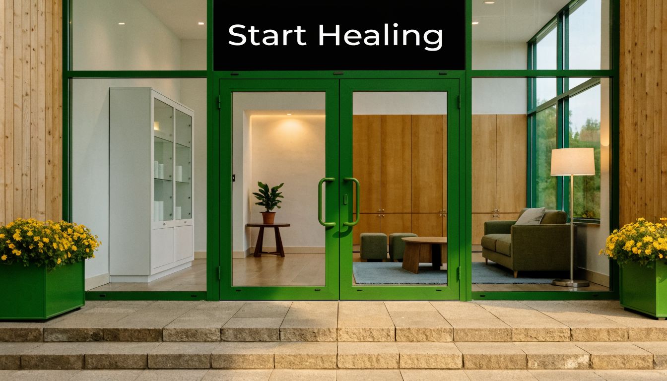 An inviting entrance to a modern therapy clinic with greenery and comfortable seating for concussion recovery.