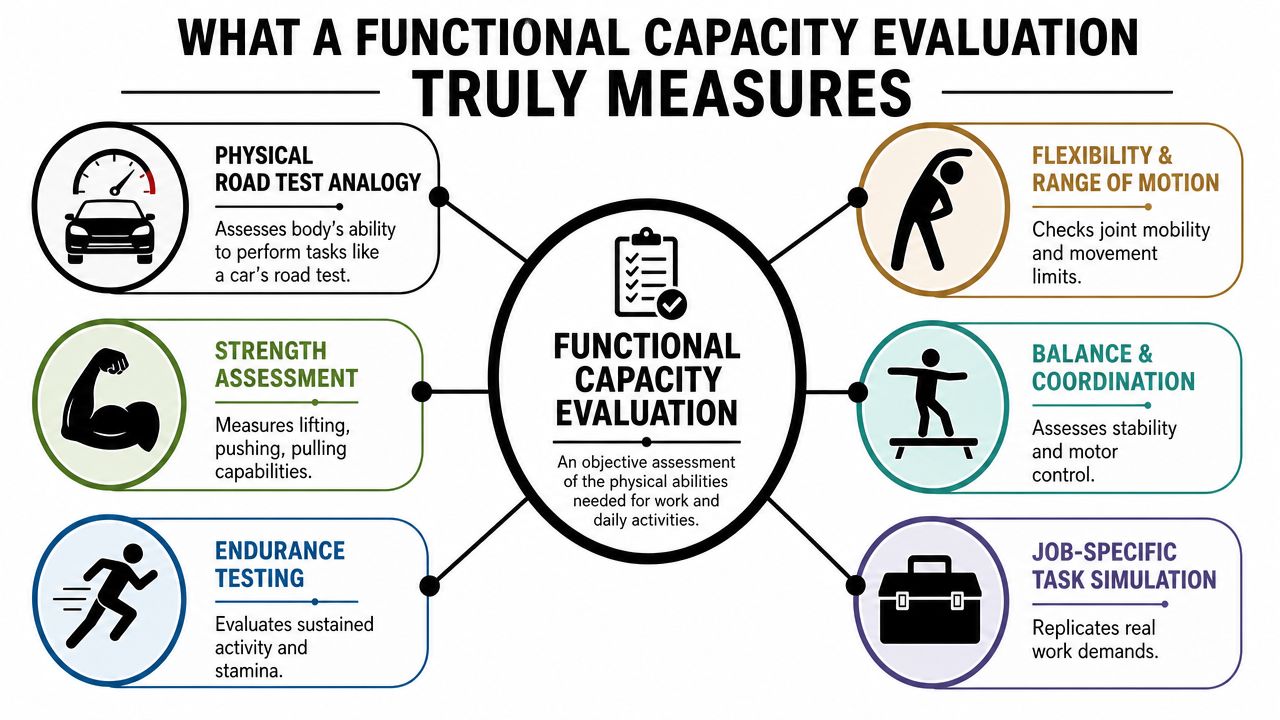 A diagram illustrating the key components of a functional capacity evaluation including strength, endurance, and task simulations.