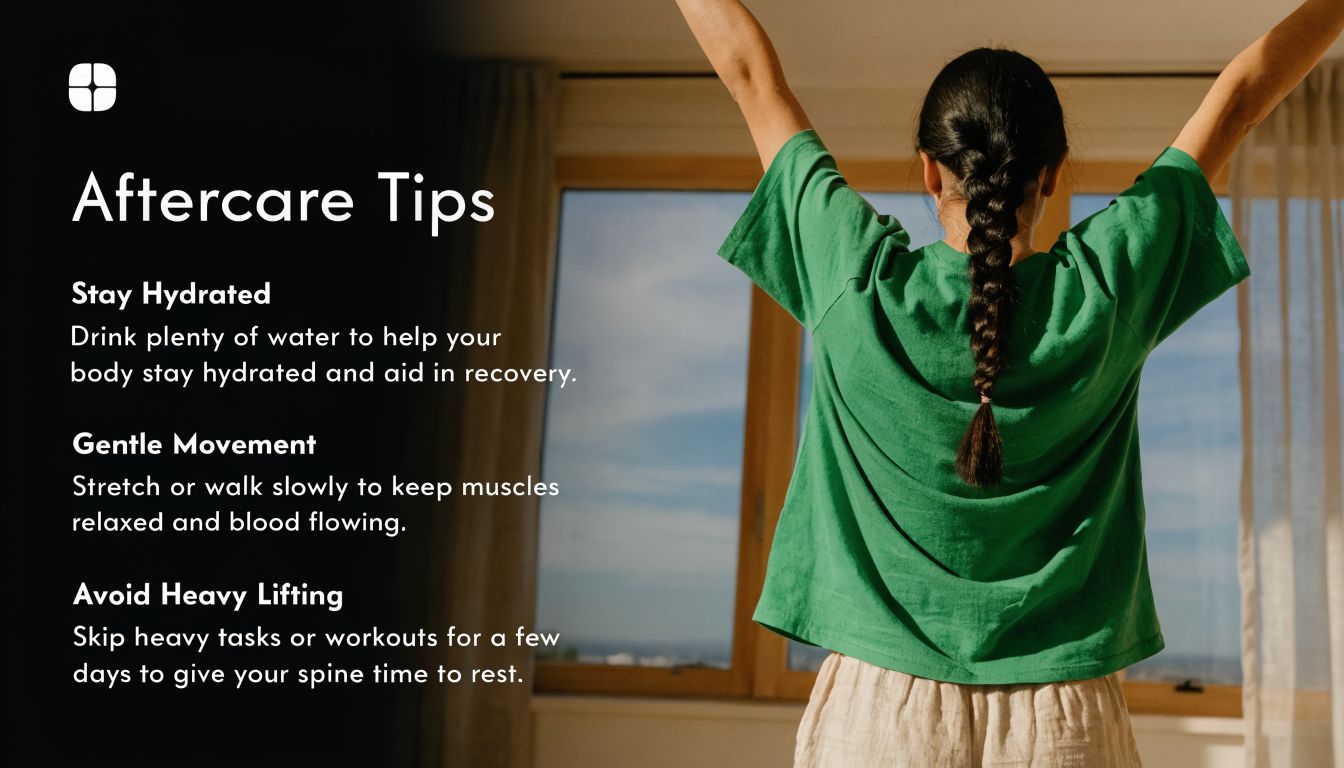 A person stretching in front of a window with text overlays providing chiropractic aftercare recovery advice.
