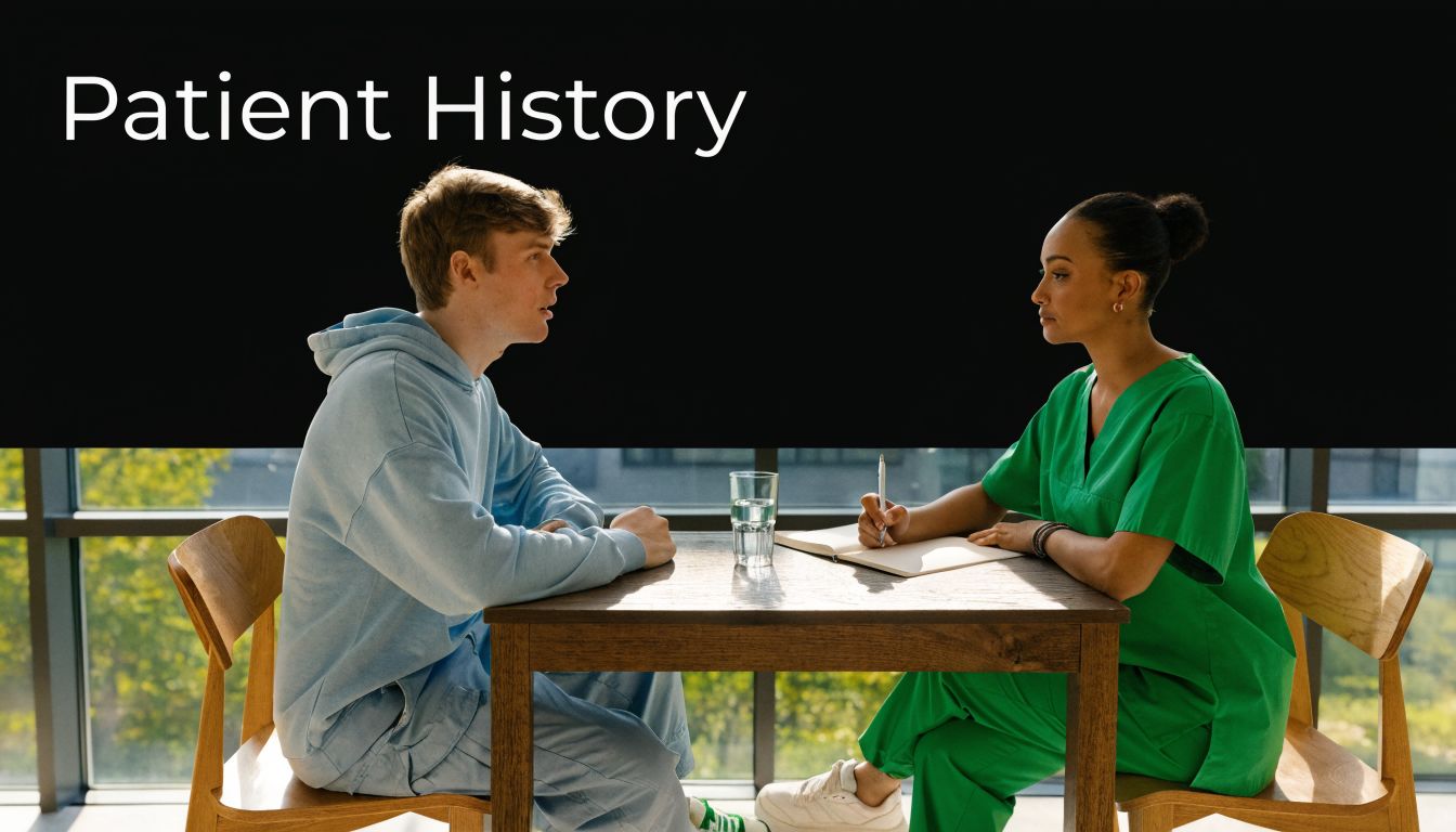 A healthcare professional in green scrubs interviews a patient seated at a wooden table for history.